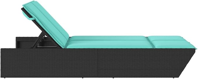 Outdoor Double Chaise Lounge with Turquoise Cushions, 4-Position Adjustable PE Rattan Backrest - Photo 4
