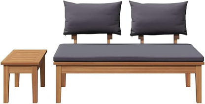 Brown Solid Teak Wood Garden Bench Set 2 pcs Modern Outdoor Furniture for Patio Terrace with Rustic Farmhouse Style Durable Weather-Resistant Assembly Required