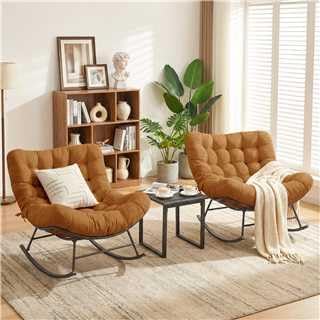 Outdoor Rocking Chairs Set of 2 with Wicker Side Table, Thick Cushioned Papasan Rocking Chairs with End Table, 3PCS Oversized Egg Chair Set for Patio, Porch, Balcony, Bedroom, Living Room, Brown