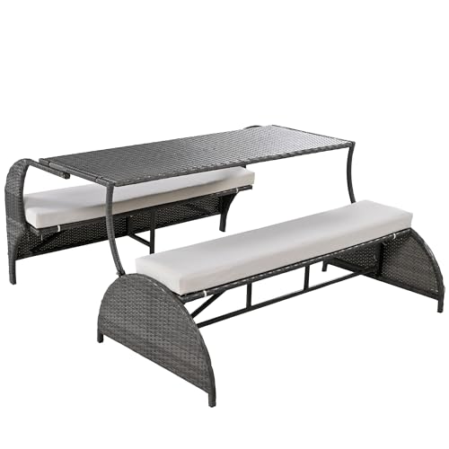 2 in 1 Convertible Picnic Upholstered Bench Table,57.1" Outdoor Loveseat,Portable Picnic Table Couch,Convertible to 4 Seats1 Table,for Garden,Lawn,Backyard,Porch,Patio