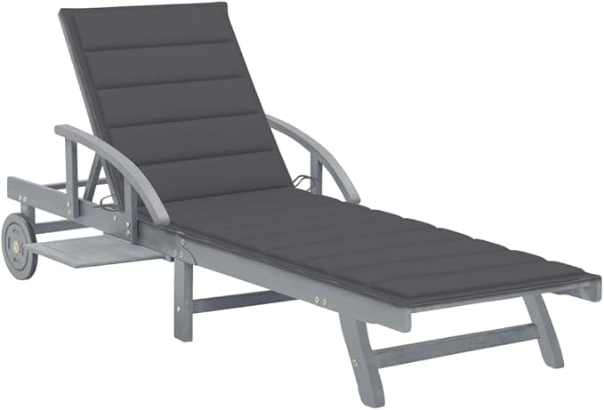 Solid Acacia Wood Gray Sunlounger 78.7x26.8x34 in with Adjustable Backrest & Wheels - Photo 1