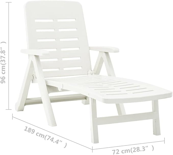 White Folding Outdoor Chaise Lounge, 74.4"x28.3"x37.8" UV-Resistant Plastic Sunlounger, Adjustable Backrest for Patio, Poolside, Beach, Garden, No Assembly Needed