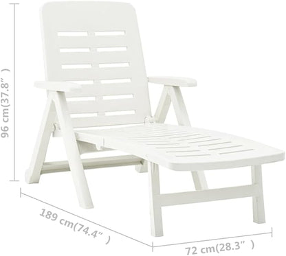 White Folding Outdoor Chaise Lounge, 74.4"x28.3"x37.8" UV-Resistant Plastic Sunlounger, Adjustable Backrest for Patio, Poolside, Beach, Garden, No Assembly Needed