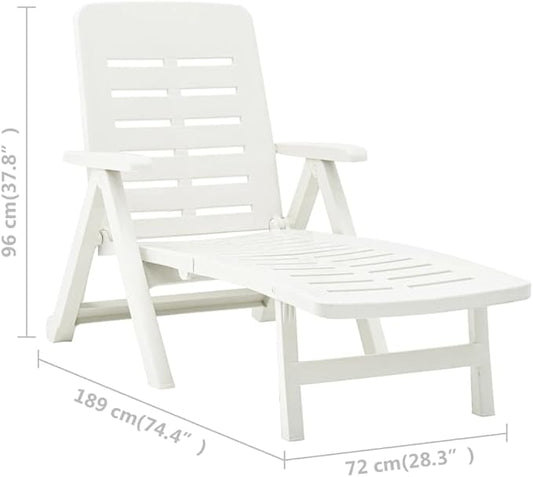 White Folding Outdoor Chaise Lounge, 74.4"x28.3"x37.8" UV-Resistant Plastic Sunlounger, Adjustable Backrest for Patio, Poolside, Beach, Garden, No Assembly Needed