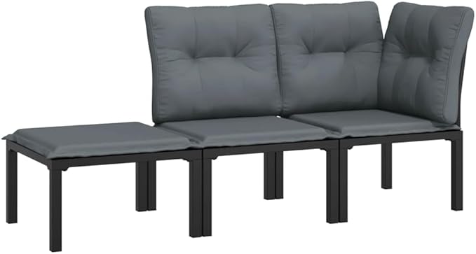 3-Piece Garden Lounge Set Black and Grey Modular Outdoor Furniture with Weather-Resistant Cushions for Patio Balcony - Photo 3