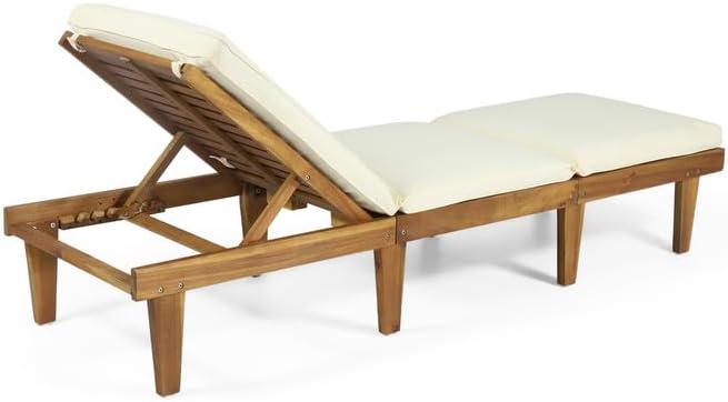 Acacia Wood Outdoor Chaise Lounge Chair with Cushion, Adjustable Recline Patio Lounger for Pool - Photo 5