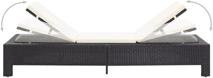Outdoor Sunbed with Adjustable Backrest, Black PE Rattan Sun Lounger and Cream White Cushion for Patio, Poolside, Garden, Durable Weather-Resistant Chaise Lounge for Relaxing