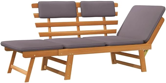 Outdoor Sun Bed with Brown Frame and Dark Grey Cushion, Solid Acacia Wood Daybed for Patio and Garden - Photo 5