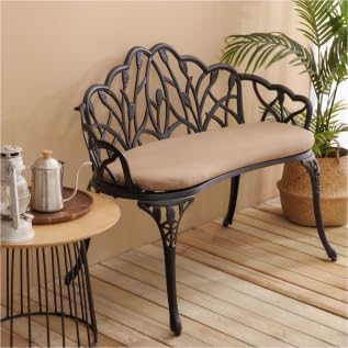 Patio Aluminum Outdoor Bench with Soft Cushion, Garden Metal Loveseat Furniture, Leaf Carving Antique Black Front Porch Chair Seat