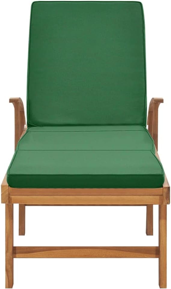 Solid Teak Wood Sun Lounger with Green Cushion, Adjustable Outdoor Chaise Lounge Chair with Wheels for Patio, Poolside - Photo 4