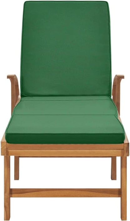 Solid Teak Wood Sun Lounger with Green Cushion, Adjustable Outdoor Chaise Lounge Chair with Wheels for Patio, Poolside, Garden, Weatherproof Deck Furniture