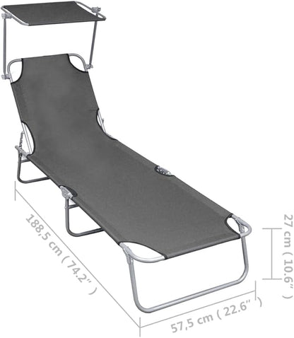 Folding Sun Lounger,Patio Chaise Lounge Chair,Outdoor Recliner Lounge Chair Sun Loungers, All Weather Chaise for Garden, Balcony, Pool with Canopy Grey Aluminum