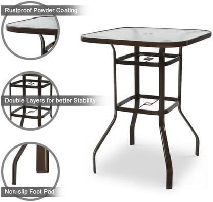 Outdoor Bar Table with Umbrella Hole, End Table with Glass Top, Patio Coffee Bistro Table for Indoor Garden Porch Balcony (Brown, Square 31x31x40in)