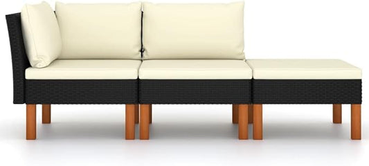 3-Piece Outdoor Sectional Couch Black Poly Rattan 25.4x23.6x12.6 in Compact Patio Furniture Sofa Set for Garden Balcony and Terrace