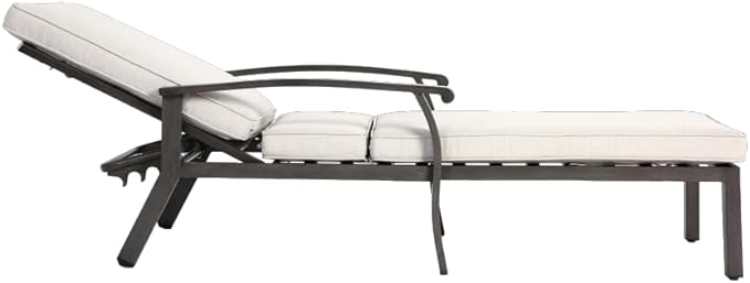 Chaise Lounge Chair Outdoor Cast Aluminum Reclining Lounger with Cushion, 5-Position Adjustable Backrest, Waterproof Padded Seat, Hidden Wheels, Elegant Poolside Garden Patio Seating (Beige)