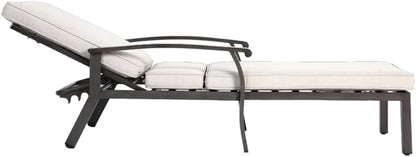 Chaise Lounge Chair Outdoor Cast Aluminum Reclining Lounger with Cushion, 5-Position Adjustable Backrest, Waterproof Padded Seat, Hidden Wheels, Elegant Poolside Garden Patio Seating (Beige)