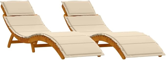 2-Pack Acacia Wood Sun Lounger Set Beige 21.65"x72.44"x25.20" Adjustable Chaise Cushion Solid Frame Modern Patio Lounge Chairs for Garden Poolside Backyard or Balcony Use