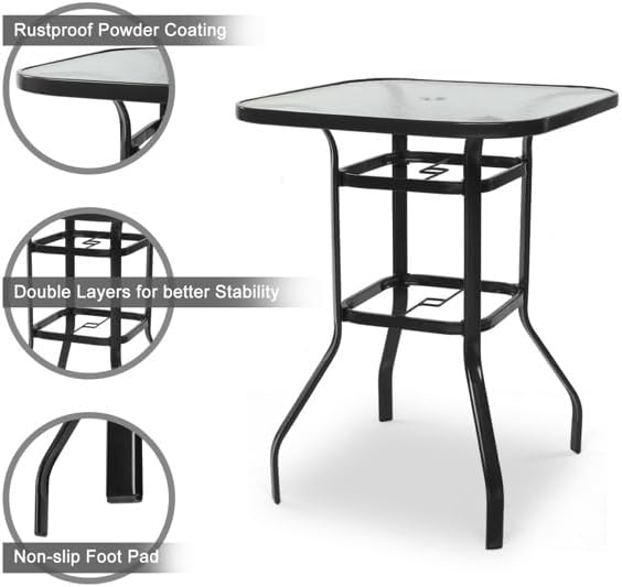 Outdoor Bar Table with Umbrella Hole, End Table with Glass Top, Patio Coffee Bistro Table for Indoor Garden Porch Balcony (Black, Square 31x31x40in)