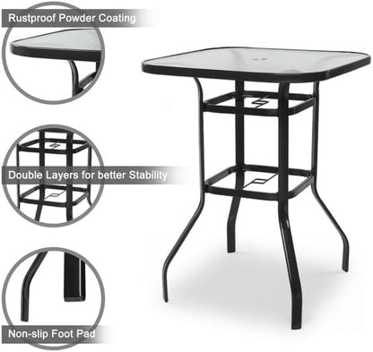 Outdoor Bar Table with Umbrella Hole, End Table with Glass Top, Patio Coffee Bistro Table for Indoor Garden Porch Balcony (Black, Square 31x31x40in)