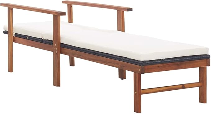 Poly Rattan Outdoor Chaise Lounge 78.7" Reclining Poolside Sunlounger with Acacia Wood Frame, Cream Cushions, UV-Tough Wicker for Patio Garden Balcony Deck