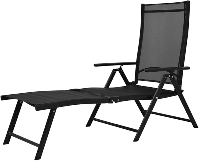 Folding Sun Lounger Black Aluminum Frame 25x70x38 in 7-Recline Outdoor Chaise Lounge UV Textilene Portable Poolside Chair for Patio Garden Balcony Beach