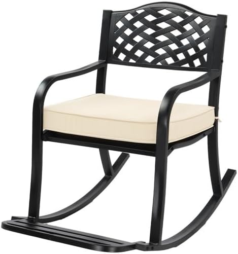 Outdoor Metal Rocking Chair with Cushion and Footrest, Weather Resistant Rocker Bench for Patio Garden Yard, Black - Photo 1