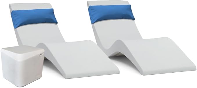 Aqua Outdoors in-Pool Chaise Set - Two Chaises - Two Headrest Pillows and One in Pool Side Table - for ledges up to 9" inches (White Granite-Blue)