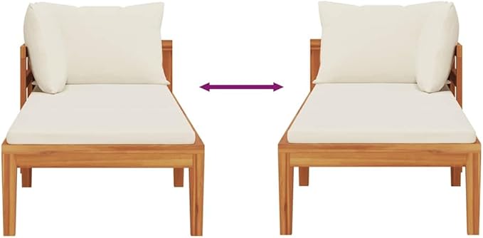 Acacia Wood Outdoor Chaise Lounge with Detachable Armrest Cream White 73" Patio Daybed Cushioned All Weather for Garden Poolside
