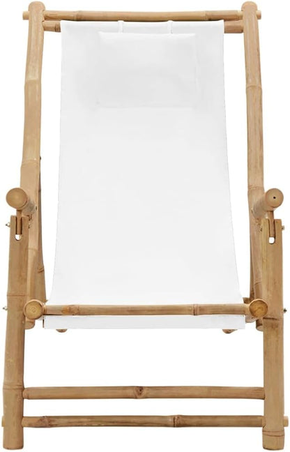 Deck Chair Bamboo and Canvas,Outdoor Patio Furniture,Balcony Chairs,Lounge Chairs,Beach Lounge Chair Outdoor,Lawn Chairs,for Patio,Garden,Backyard, Cream White