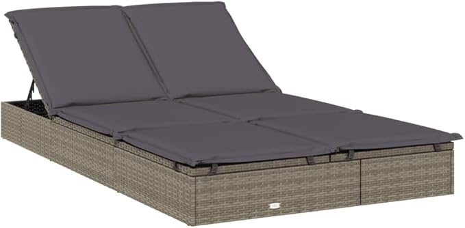 Gray PE Rattan Sunbed, Two-Person Outdoor Chaise Lounge Chair, Adjustable Armrests, Weather-Resistant Patio Recliner for Garden, Balcony Outdoor Chaise