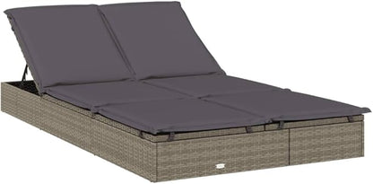 2-Person Adjustable Outdoor Chaise Lounge, 83" Gray PE Rattan Sunbed with Multi-Position Backrest & Cushions, Weather-Resistant Patio Recliner for Poolside, Garden or Balcony