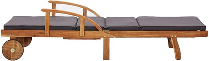 Solid Acacia Wood Sun Lounger with Cushions, Outdoor Chaise Lounge Chair for Patio Garden Poolside, Foldable Pull-Out Table, Brown, Standard