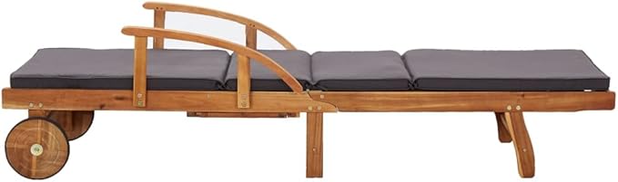 Solid Acacia Wood Sun Lounger with Dark Grey Cushions, 100% Polyester Outdoor Chaise Lounge for Garden Terrace Poolside - Photo 3