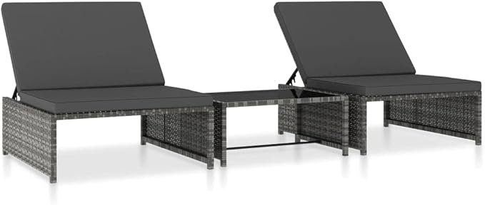 Gray Poly Rattan Reclining Patio Chairs, 2 pcs with Glass Top Table, Outdoor Chaise Lounge Set, Weatherproof Garden Furniture