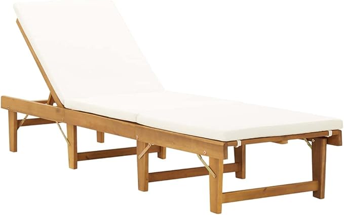Acacia Wood Folding Chaise Lounge, 78.7"x24"x33.9", Adjustable Reclining, Brown/Beige, Pool Patio Garden - Photo 1