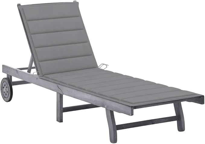 Outdoor Chaise Lounge Sunlounger 78 in Acacia Wood Reclining Patio Chair with Grey Cushion and Wheels - Photo 1