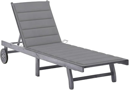 Outdoor Chaise Lounge Sunlounger 78 in Acacia Wood Reclining Patio Chair with Grey Cushion and Wheels, Pool Garden Balcony Furniture