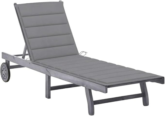 Outdoor Chaise Lounge Sunlounger 78 in Acacia Wood Reclining Patio Chair with Grey Cushion and Wheels, Pool Garden Balcony Furniture