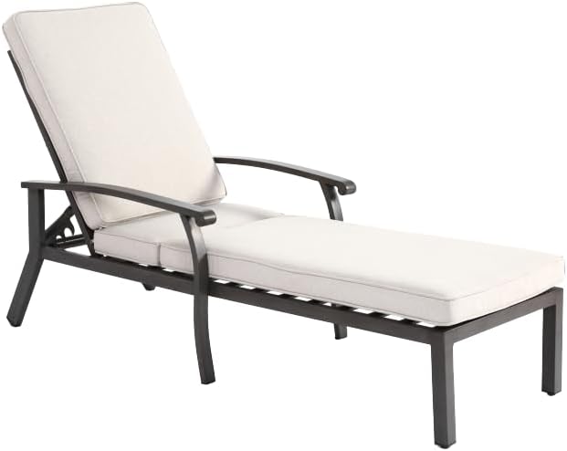 Chaise Lounge Chair Outdoor Cast Aluminum Reclining Lounger with Cushion, 5-Position Adjustable Backrest, Waterproof Padded Seat, Hidden Wheels, Elegant Poolside Garden Patio Seating (Beige)