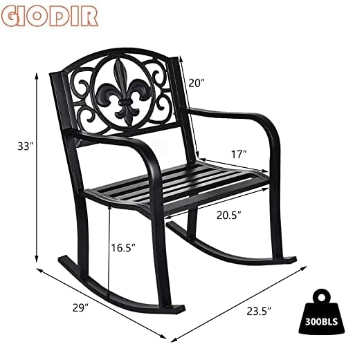 Outdoor Patio Rocking Chair, Metal Rocking seat for for Deck, Backyard or Garden w/Scroll Design (Black)