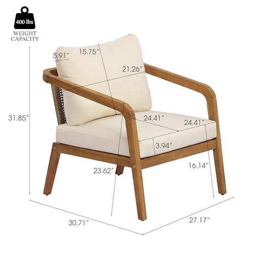 Christopher Knight Home Joy Patio Lounge Chairs Set of 2, Arm Chairs with PE Wicker Backrest, Acacia Wood Club Chairs with Weather-Resistant Cushion, Outdoor Furniture Set, Cream+Light Brown+Teak