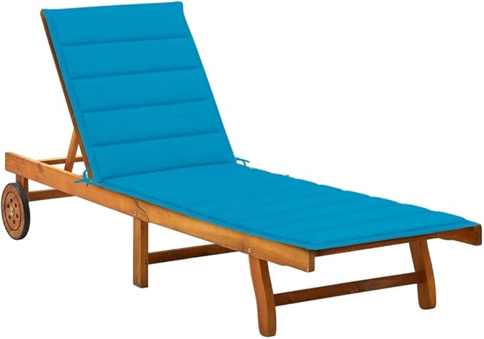 Acacia Chaise Lounge 78x24, Adjustable Head & Foot Rest, Blue Cushion, Wheels, Pull-Out Side Table - Photo 1