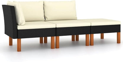 3-Piece Outdoor Sectional Couch Black Poly Rattan 25.4x23.6x12.6 in Compact Patio Furniture Sofa Set for Garden Balcony and Terrace