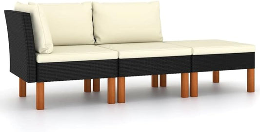 3-Piece Outdoor Sectional Couch Black Poly Rattan 25.4x23.6x12.6 in Compact Patio Furniture Sofa Set for Garden Balcony and Terrace