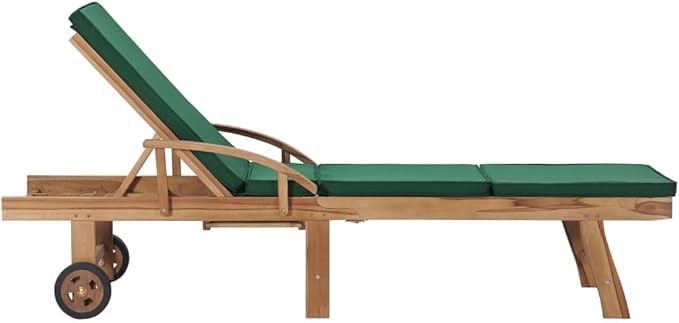 Sun Lounger Set of 2, Outdoor Patio Chaise Lounge Chairs with Adjustable Backrest and Wheels, Solid Teak Wood Poolside Garden Furniture, Green Polyester Cushions for Relaxation