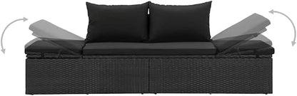 Adjustable Sun Lounger with Cushions, Black Poly Rattan Outdoor Chaise Lounge for Patio Garden Poolside, Weather-Resistant Powder-Coated Steel Frame, Multi-Position Recliner for 2 Persons