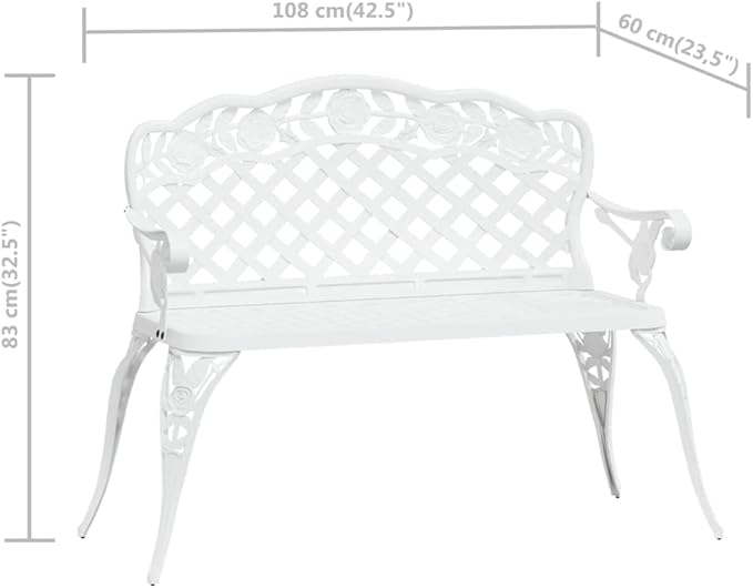 42.5" White Cast Aluminum Patio Bench with Floral Scrollwork, Weather-Resistant Outdoor Garden Bench for Porch Deck Backyard, Sturdy Metal Patio Furniture