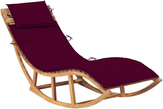 Sun Lounger Wine Red, Natural Teak Solid Teak Wood, Polyester Cushion with Zip, Rocking Feature for Patio, Balcony, Garden, Durable Outdoor Furniture, Elegant Style,