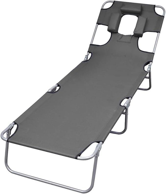 Folding Grey Outdoor Lounge Chair 74.4" 600D Oxford Chaise Adjustable Backrest Steel Frame 265 lb Portable for Garden - Photo 1
