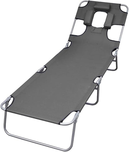 Folding Grey Outdoor Lounge Chair 74.4" 600D Oxford Chaise Adjustable Backrest Steel Frame 265 lb Portable for Garden Patio Pool